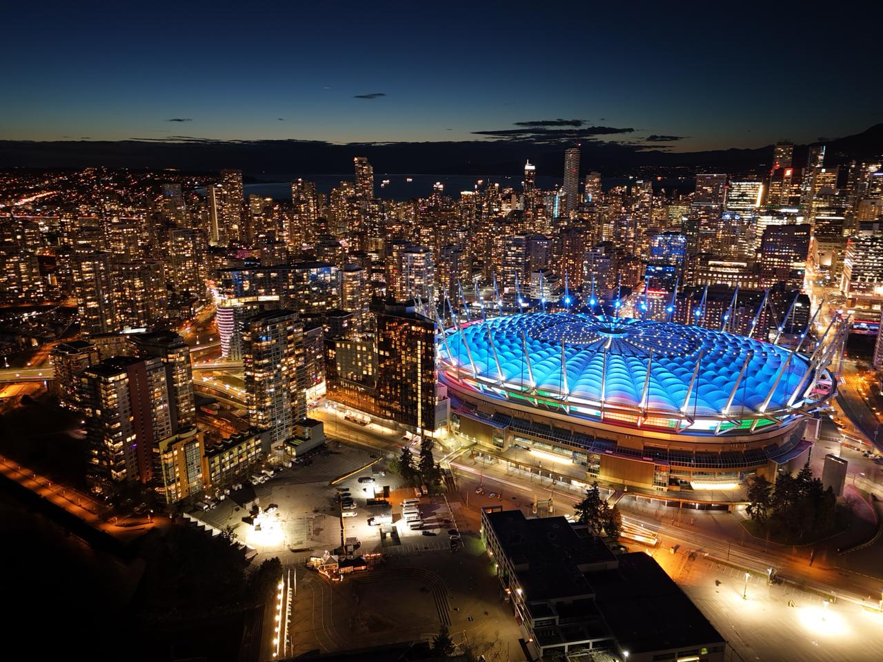 Vancouver skyline with BC Place stadium at night